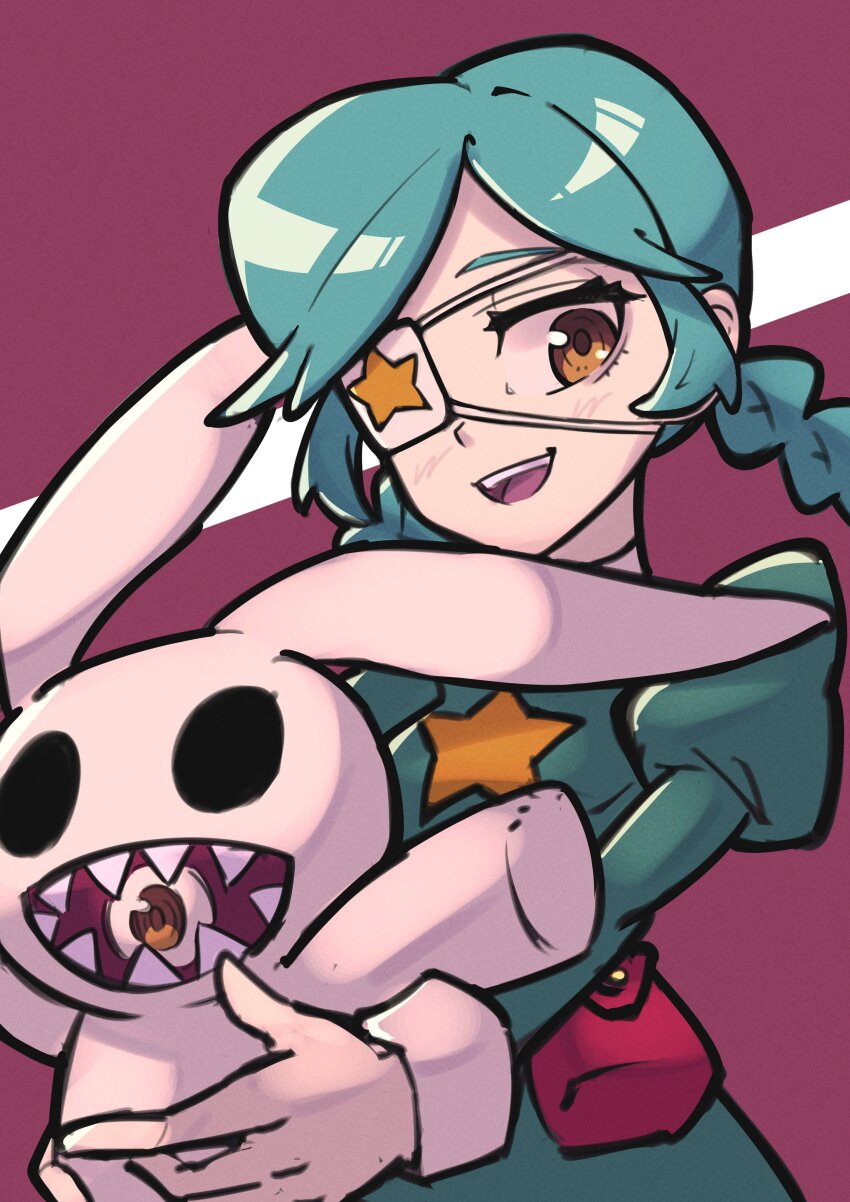 1girl absurdres annie_(skullgirls) belt_pouch braid eyepatch green_hair highres long_hair mixed-language_commentary onozawa_(buresu21) open_mouth pouch red_background sagan_(skullgirls) skullgirls solo star_(symbol) stuffed_animal stuffed_rabbit stuffed_toy twin_braids yellow_eyes