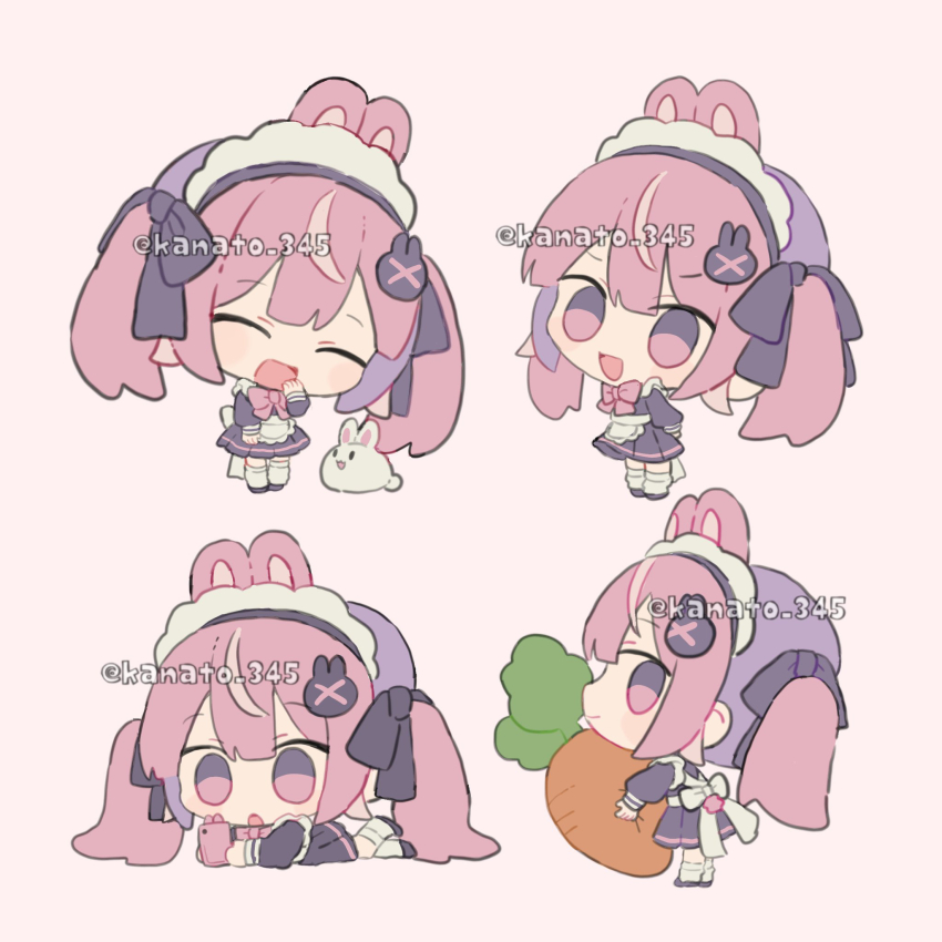 1girl ^_^ animal_ears apron black_ribbon black_shirt black_skirt carrot cellphone chibi chibi_only closed_eyes hair_ornament hair_ribbon hand_to_own_mouth hand_up highres holding holding_carrot holding_phone kanamochi_kanato long_hair long_sleeves lying maid_headdress miniskirt multiple_views on_stomach open_mouth original phone pink_eyes pink_hair rabbit rabbit_ears rabbit_girl rabbit_hair_ornament rabbit_tail ribbon shirt shoes skirt smartphone smile socks standing tail twintails twitter_username watermark white_apron white_socks