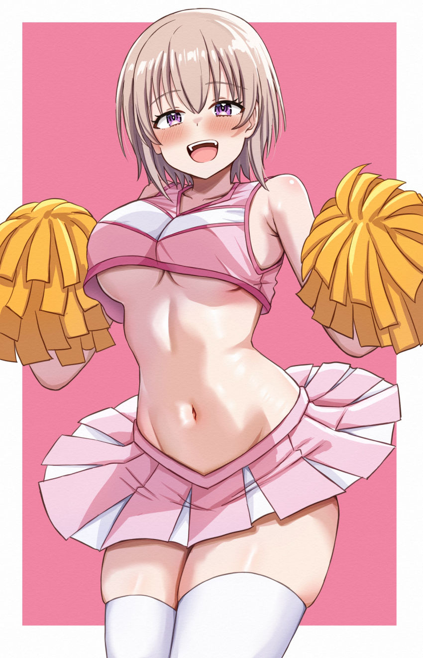 1girl bare_shoulders breasts brown_hair cheerleader cream-chan_(creamsherry) crop_top highres holding holding_pom_poms large_breasts midriff miniskirt navel nootomo original pink_background pink_skirt pleated_skirt pom_pom_(cheerleading) pom_poms purple_eyes short_hair simple_background skirt thighhighs underboob white_thighhighs
