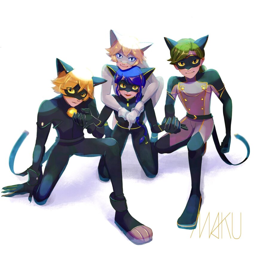 1girl adrien_agreste animal_ears bell black_bodysuit black_mask blonde_hair blue_hair bodysuit braid cat_boy cat_ears cat_girl cat_tail cat_walker chat_blanc chat_noir green_hair highres holding_hands hug hug_from_behind jingle_bell lady_noire looking_at_viewer makumakuma03 marinette_dupain-cheng mask mask_on_head miraculous_ladybug multiple_boys open_mouth simple_background single_braid slit_pupils smile superhero_costume tail white_background white_bodysuit white_mask yellow_eyes