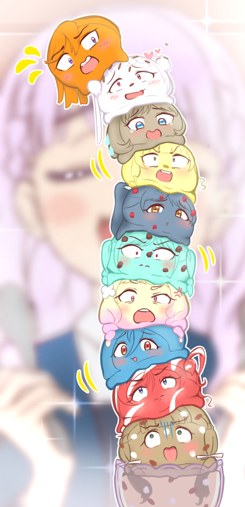6+girls absurdres aqua_hair arashi_chisato blonde_hair blue_eyes blue_hair blurry blurry_background blush braid brown_eyes brown_hair closed_mouth commentary constricted_pupils double_bun english_commentary food foodification green_eyes hair_bun hazuki_ren heanna_sumire heart highres ice_cream love_live! love_live!_superstar!! multiple_girls multiple_scoops onitsuka_natsumi onitsuka_tomari open_mouth orange_hair ponytail psycho_orb purple_eyes red_eyes red_hair sakurakoji_kinako shibuya_kanon single_side_bun tang_keke teeth too_many too_many_scoops twin_braids twintails upper_teeth_only wakana_shiki white_hair wien_margarete yellow_eyes yoneme_mei