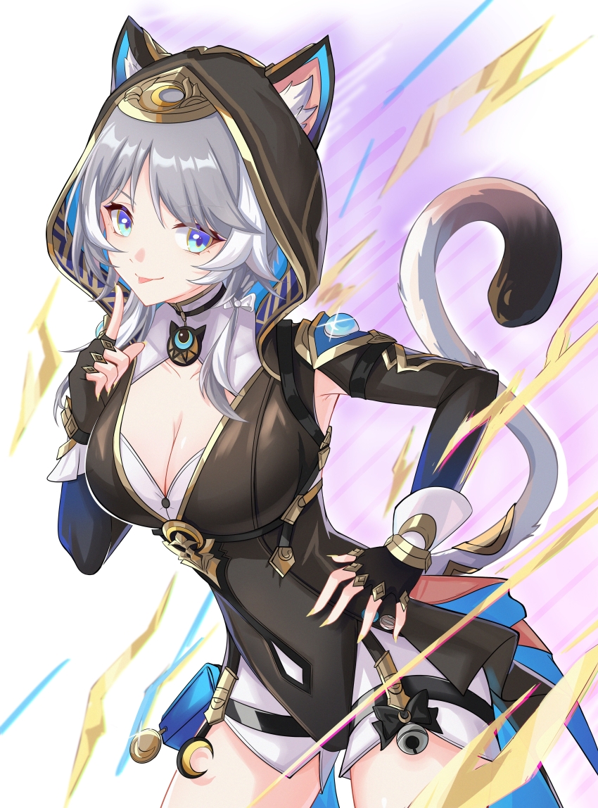 1girl absurdres animal_ears animal_hood black_gloves black_leotard blue_eyes breasts cat_ears cat_girl cat_hood cat_tail chinese_commentary cipher_(honkai:_star_rail) cleavage commentary_request cowboy_shot fingerless_gloves gloves grey_hair highres honkai:_star_rail honkai_(series) hood hooded_leotard leotard li_shijin mole mole_on_breast short_hair_with_long_locks shorts solo tail thighs tongue tongue_out white_background white_shorts yellow_nails