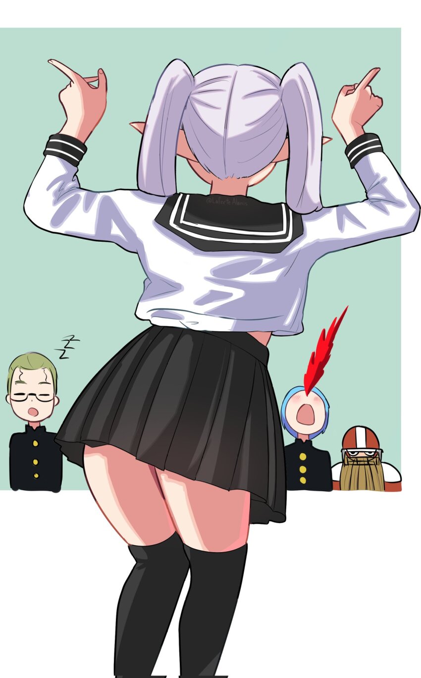 1girl 3boys alaniz_(lafertealanis) alternate_costume american_football_helmet aroused_nosebleed black_sailor_collar black_skirt black_thighhighs closed_eyes commentary eisen_(sousou_no_frieren) elf frieren gakuran glasses green_hair heiter helmet highres himmel_(sousou_no_frieren) index_fingers_raised long_hair multiple_boys open_mouth pleated_skirt pointy_ears sailor_collar school_uniform shirt skirt sousou_no_frieren thighhighs twintails white_shirt zzz