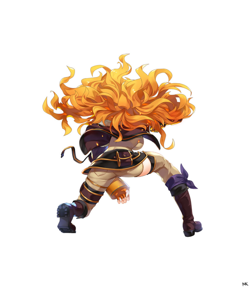 1girl black_jacket blonde_hair boots ember_celica_(rwby) fingerless_gloves floating_hair from_behind full_body gauntlets gloves highres jacket long_hair mk_(lazymk) open_clothes open_jacket orange_gloves rwby simple_background single_gauntlet solo straight_hair thighhighs very_long_hair white_background yang_xiao_long