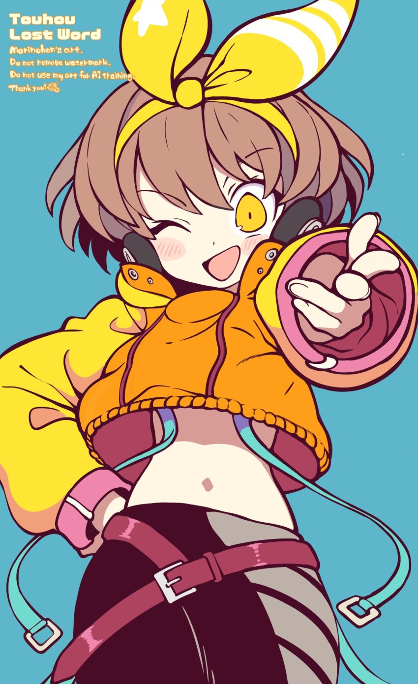 1girl belly highres lyrica_prismriver morino_hon navel ribbon solo touhou touhou_lostword yellow_eyes