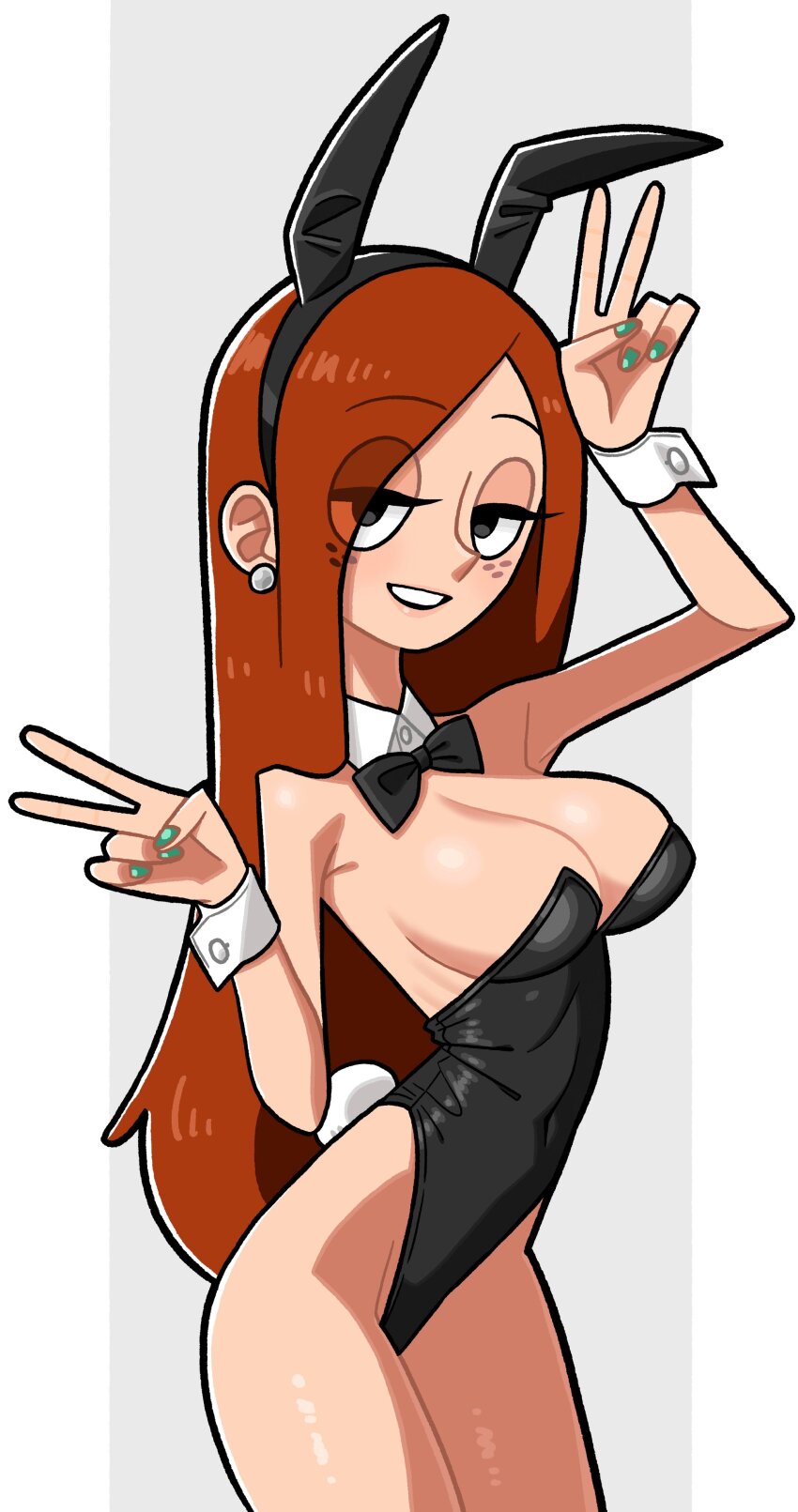 absurdres animal_ears black_leotard bow bowtie breasts collar covered_navel detached_collar earrings fake_animal_ears freckles gravity_falls green_nails hair_over_one_eye headband highres jewelry large_breasts leotard long_hair n_k_m nail_polish orange_hair playboy_bunny rabbit_ears sideboob smile v wendy_corduroy