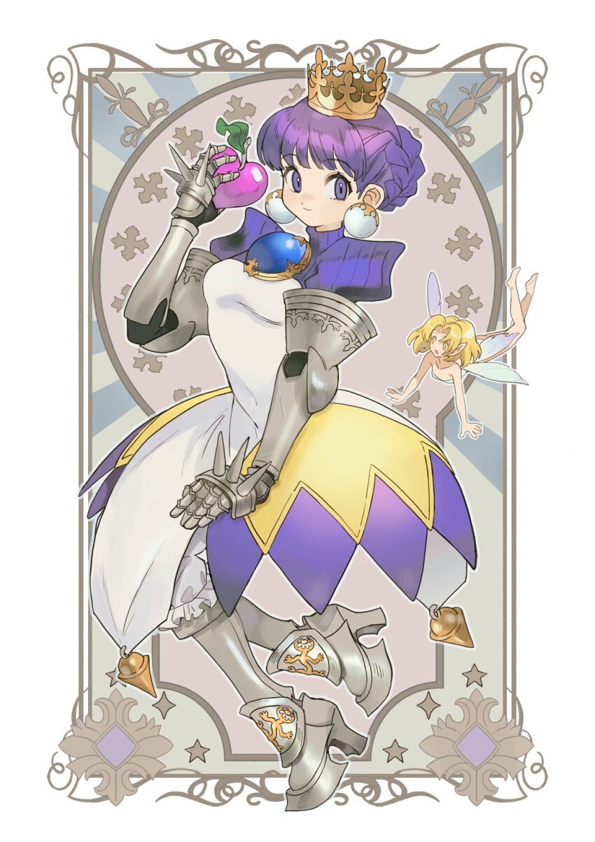 2girls alpaca_carlesi arlia armor armored_boots armored_dress blonde_hair bloomers boots crown dress earrings fairy food fruit gauntlets gold_crown gradriel highres holding holding_food holding_fruit jewelry multiple_girls princess princess_crown purple_eyes purple_hair underwear white_bloomers