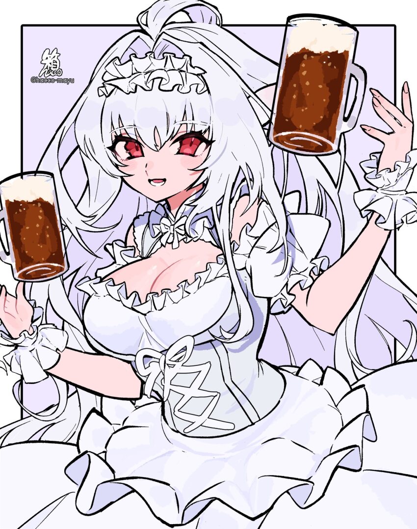 1girl ahoge alcohol bare_shoulders beer beer_mug breasts cleavage cleavage_cutout clothing_cutout corset cup dirndl dress fate/grand_order fate_(series) frilled_hairband frills german_clothes hacco_mayu hairband highres lady_avalon_(event_portrait)_(fate) lady_avalon_(fate) large_breasts long_hair looking_at_viewer merlin_(fate/prototype) mug open_mouth pointy_ears red_eyes scrunchie smile solo very_long_hair white_dress white_hair wrist_scrunchie