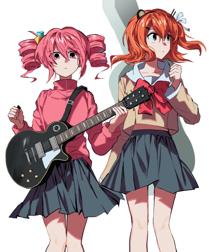2girls a.i._voice adachi_rei bocchi_the_rock! bow bowtie cosplay cube_hair_ornament drill_hair electric_guitar feet_out_of_frame gotoh_hitori gotoh_hitori_(cosplay) grey_skirt guitar guitar_case hair_between_eyes hair_ornament hair_ribbon headlamp high_collar highres holding holding_guitar holding_instrument holding_plectrum holding_strap instrument instrument_case jacket kasane_teto kita_ikuyo kita_ikuyo_(cosplay) long_sleeves looking_at_viewer looking_to_the_side multiple_girls orange_eyes orange_hair pink_eyes pink_hair pink_jacket plectrum radio_antenna red_bow red_bowtie ribbon samsap school_uniform simple_background skirt standing twin_drills utau white_background white_ribbon