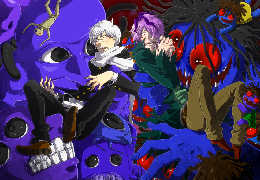 2boys ao_oni belt black_eyes blazer blockman_oni_(ao_oni) blue_eyes blue_skin blush bug buttons coat colored_skin crossover doll doll_(ib) eyeball fingernails garry_(ib) glasses hair_over_one_eye highres hiroshi_(ao_oni) holding ib_(kouri) jacket multiple_boys nose one_eye_covered pants parted_bangs purple_hair red_eyes round_eyewear scared shirt shoes sidelocks silver_hair tanotsuku_daisuke teeth the_oni_(ao_oni) trait_connection white_shirt