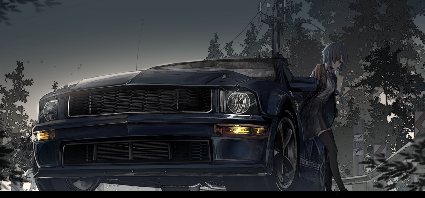 1girl black_thighhighs blue_hair car commentary_request ford_mustang ford_mustang_s197 haguruma_c hair_over_one_eye highres indie_virtual_youtuber looking_at_viewer motor_vehicle necktie pleated_skirt road_sign sign skirt solo sports_car thighhighs tree utility_pole vehicle_focus virtual_youtuber zettai_ryouiki