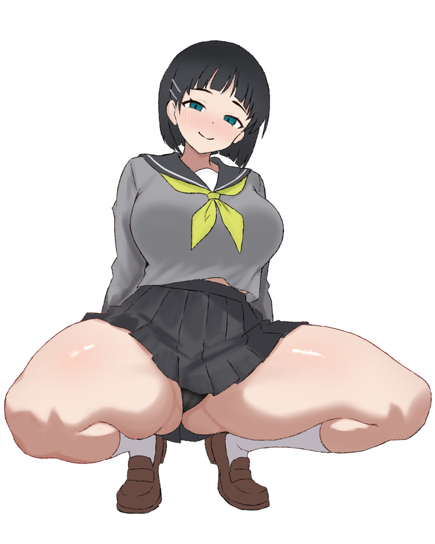 1girl absurdres arms_at_sides black_hair black_panties black_sailor_collar black_skirt blue_eyes blunt_bangs blush breasts brown_shoes closed_mouth commentary full_body grey_shirt hair_behind_ear hair_ornament hairclip high-waist_skirt highres kirigaya_suguha large_breasts loafers long_sleeves looking_at_viewer midriff_peek miniskirt neckerchief nose_blush panties peace_peace009 pleated_skirt sailor_collar school_uniform serafuku shirt shoes short_hair simple_background skirt smile socks solo spread_legs squatting sword_art_online thighs tiptoes underwear white_background white_socks yellow_neckerchief