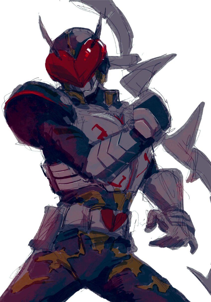 1boy armor black_armor black_bodysuit bodysuit boots bow_(weapon) cowboy_shot cropped_legs rider_belt ewokaku_himajin heart highres holding holding_weapon huge_weapon kamen_rider kamen_rider_blade_(series) kamen_rider_chalice male_focus oversized_object praying_mantis rider_belt shadow shoulder_armor sketch weapon