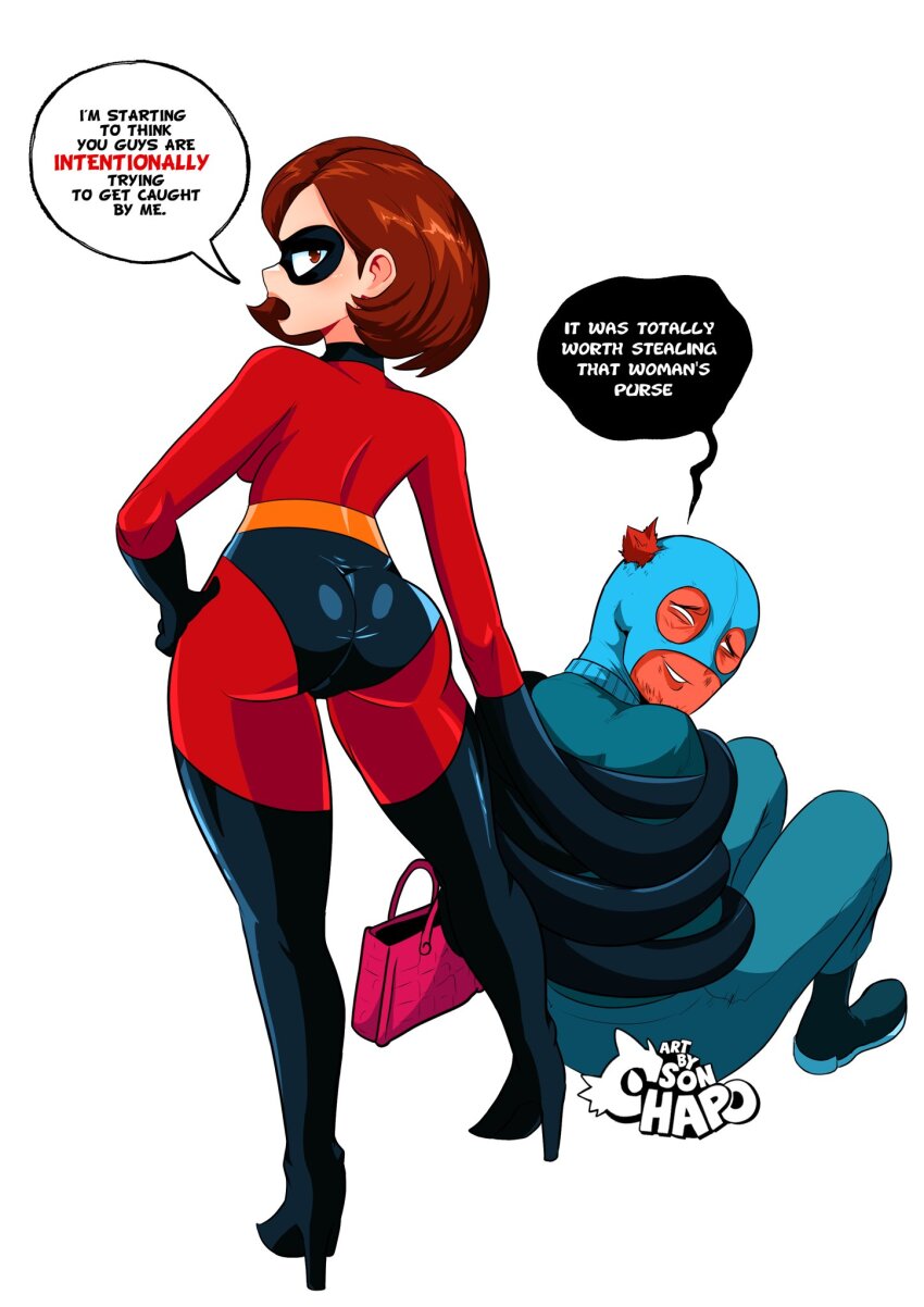 1boy 1girl artist_name ass back bag balaclava bodysuit brown_eyes brown_hair curvy domino_mask elastigirl hand_on_own_hip handbag high_heels highres looking_back mask red_hair robbery sitting smile sonchapo speech_bubble standing stretched_limb superhero_costume the_incredibles torn_mask white_background