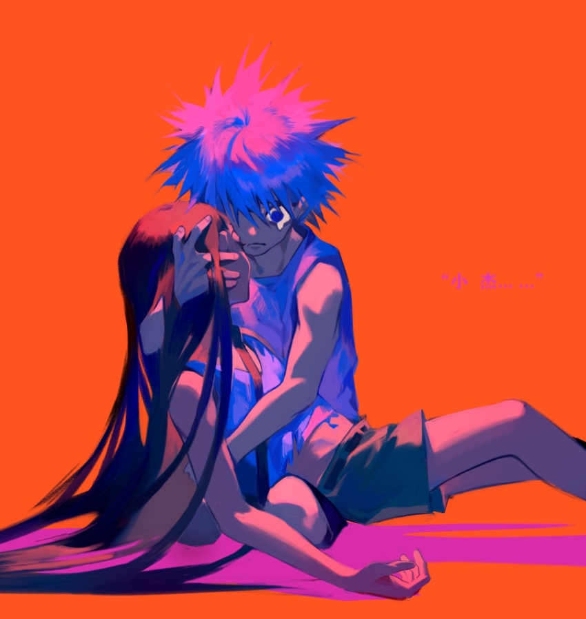 2boys bare_arms bare_shoulders belt black_shorts blue_eyes blue_hair blurry depth_of_field dying eyelashes closed_eyes facing_another feet_out_of_frame frown gon_freecss green_shorts hand_in_another&#039;s_hair hand_on_another&#039;s_head hand_up highres hug hunter_x_hunter killua_zoldyck long_hair lying_on_person male_focus midriff multicolored_hair multiple_boys navel one_eye_covered orange_background pink_hair reclining seiza shadow shirt short_hair shorts simple_background sitting sleeveless spiked_hair straight_hair tank_top tearing_up torn_clothes torn_shirt torn_tank_top translation_request two-tone_hair unconscious valley_(valley-g) very_long_hair wide-eyed