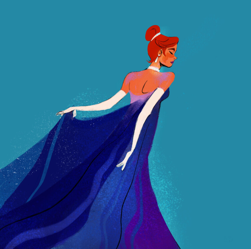 1girl absurdres anastasia_(1997) anya_(anastasia) back blue_background blue_dress closed_mouth commentary dress earrings elbow_gloves english_commentary francescarisoldi gloves highres jewelry long_dress necklace orange_hair princess simple_background solo white_gloves