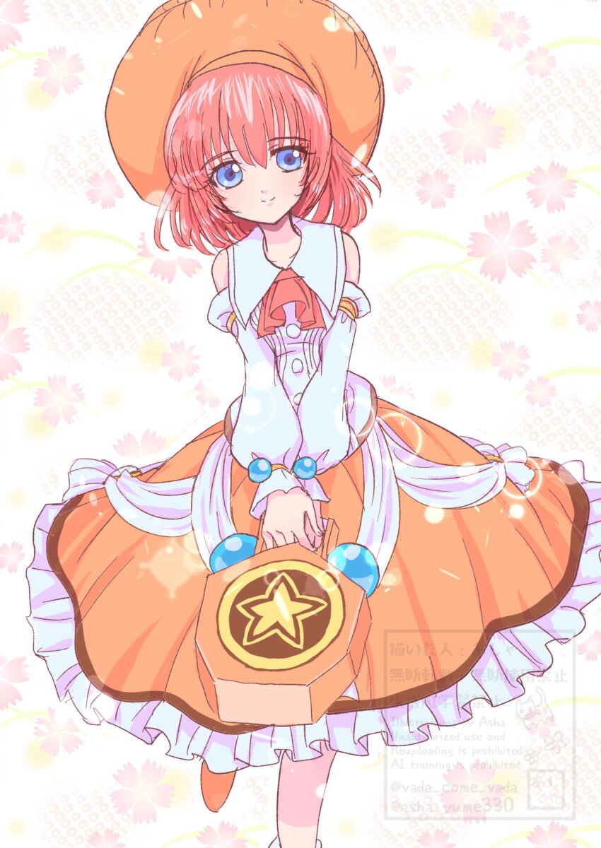 bag blue_eyes bob_cut elbow_gloves floral_background gloves handbag highres holding large_hat light_blush light_smile long_skirt looking_at_viewer orange_skirt red_hair seles_wilder shirt skirt sleeveless sleeveless_shirt tales_of_(series) tales_of_symphonia vada_come_vada