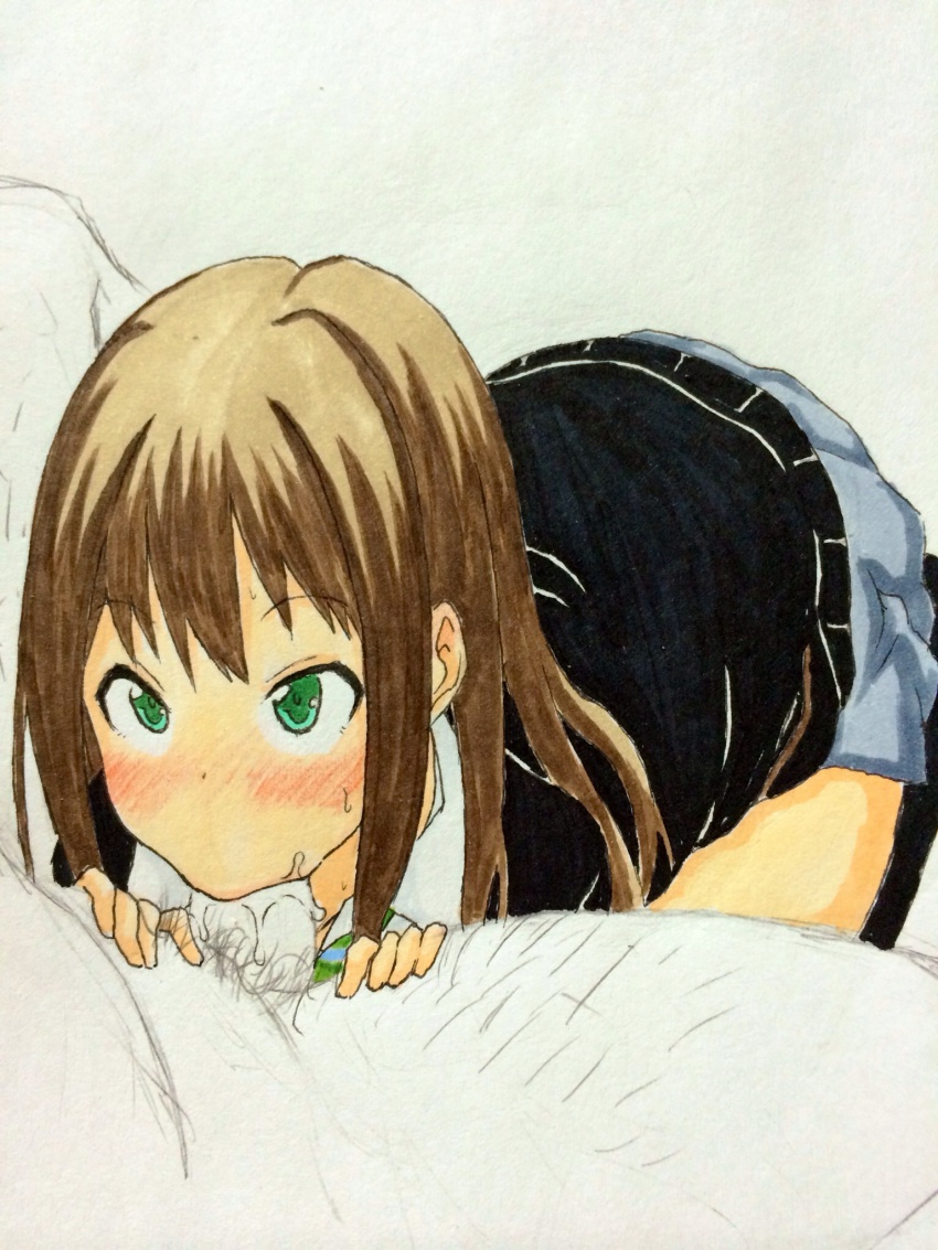 10s 1boy 1girl :&gt;= blush brown_hair cardigan clothed_female_nude_male fellatio fujioka_(azunxan) gradient_background green_eyes hetero highres idolmaster idolmaster_cinderella_girls kneeling long_hair nude oral penis shibuya_rin skirt solo_focus uncensored