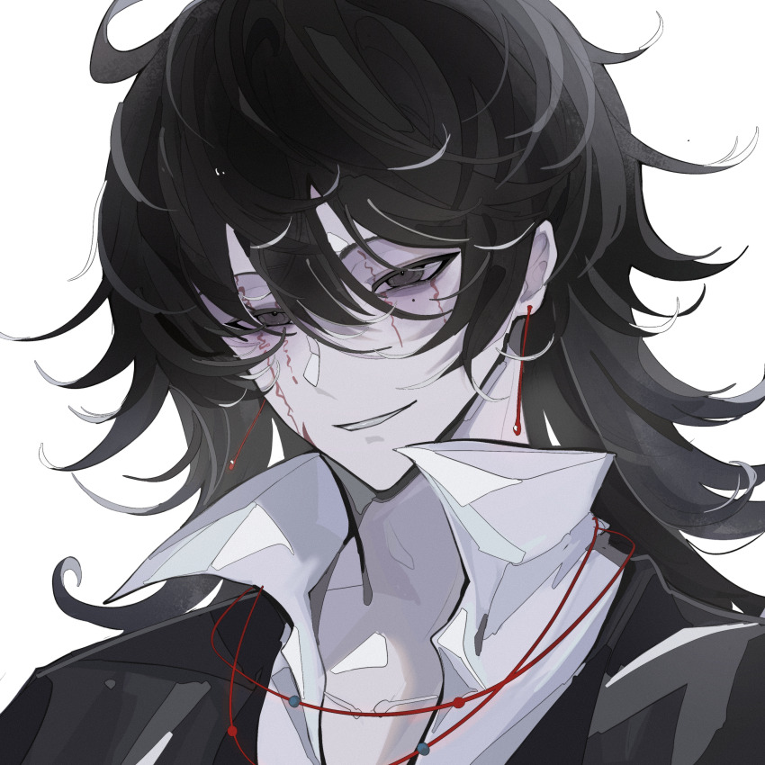 1boy absurdres black_eyes black_hair black_jacket chinese_commentary commentary_request commission facepaint hair_between_eyes highres jacket long_hair male_focus mole mole_under_eye pale_skin popped_collar portrait shirt simple_background solo touqi_guaitan white_background white_shirt xingxingchilunxiaomao62088 ziche_fuzhao