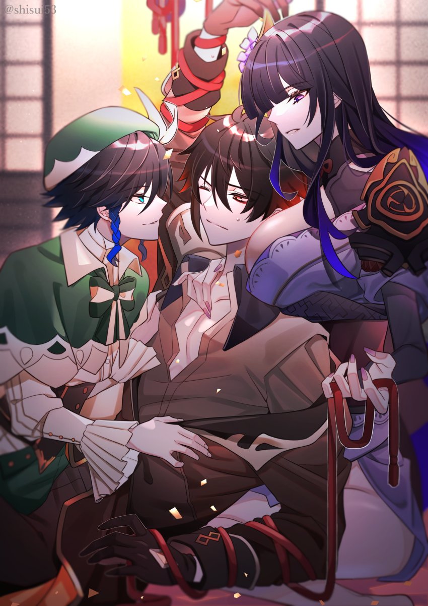 1girl 2boys absurdres bdsm black_gloves blue_hair blunt_bangs blush bondage bound braid breasts brown_hair cape collarbone collared_cape commentary_request dark_blue_hair earrings eyeliner genshin_impact gloves gradient_hair green_cape green_headwear hair_between_eyes hair_ornament highres japanese_clothes jewelry kimono large_breasts long_hair long_sleeves looking_at_another low-braided_long_hair low-tied_long_hair makeup multicolored_hair multiple_boys one_eye_closed pectorals purple_eyes purple_hair purple_kimono raiden_shogun red_eyeliner shisui53 shouji sidelocks single_earring sliding_doors sweatdrop tassel tassel_earrings twin_braids venti_(genshin_impact) wide_sleeves zhongli_(genshin_impact)