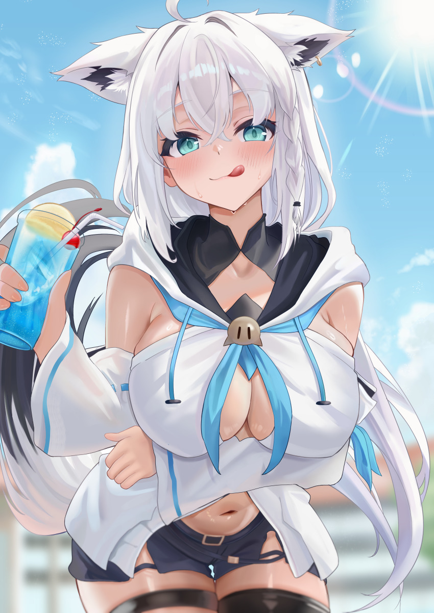 1girl absurdres ahoge animal_ear_fluff animal_ear_piercing animal_ears aqua_eyes bare_shoulders belt blue_sky braid breasts cocktail detached_sleeves drink droopy_ears ear_piercing fluffy_hair fox_ears fox_girl fox_tail hair_between_eyes highres holding holding_drink hololive large_breasts licking_lips light_blush long_hair long_sleeves looking_at_viewer navel pantyhose piercing pov puffy_sleeves shirakami_fubuki shirakami_fubuki_(1st_costume) shorts sky solo sunlight tail thick_thighs thighs tks_rkgk tongue tongue_out virtual_youtuber white_hair