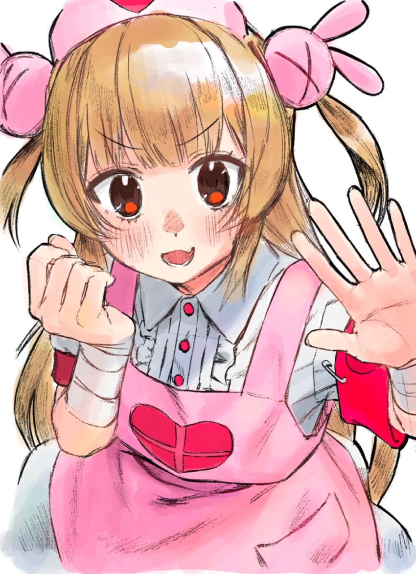 1girl apron armband bandaged_arm bandages blush brown_hair clenched_hand dress hair_ornament hashtag-only_commentary hat highres long_hair looking_at_viewer natori_sana nurse_cap open_mouth pink_apron pink_hat rabbit_hair_ornament red_eyes safety_pin sana_channel short_sleeves simple_background solo suisei_lens two_side_up virtual_youtuber white_background white_dress