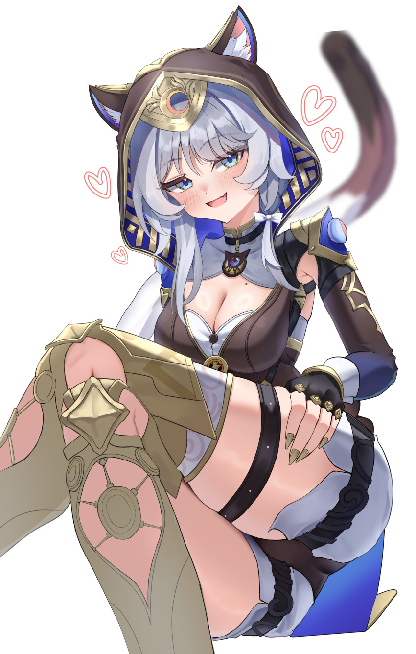 1girl absurdres animal_ears animal_hood ass black_leotard blue_eyes boots breasts cat_ears cat_girl cat_hood cat_tail cipher_(honkai:_star_rail) cleavage crossed_legs gold_boots grey_hair highres honkai:_star_rail honkai_(series) hood large_breasts leotard mole mole_on_breast rua_(rua0007113) short_hair_with_long_locks shorts simple_background solo tail thighs white_background white_shorts
