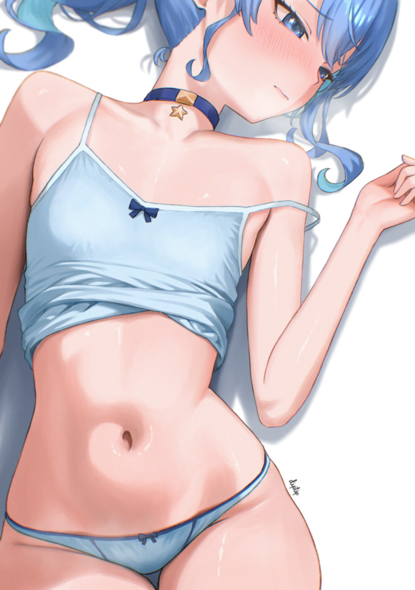 1girl absurdres averting_eyes blue_choker blue_eyes blue_hair blue_panties blush bow bow_panties camisole choker closed_mouth commentary crop_top diptip double-parted_bangs english_commentary flat_chest hair_between_eyes highres hololive hoshimachi_suisei linea_alba lying medium_hair midriff navel no_pants on_back panties pendant_choker side_ponytail sidelocks simple_background solo spaghetti_strap star_(symbol) star_in_eye star_pendant symbol_in_eye underwear virtual_youtuber white_background