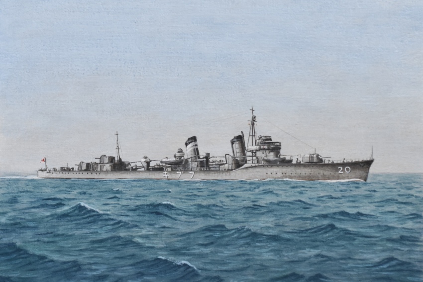 absurdres acrylic_paint_(medium) atelier_bono cannon cloud cloudy_sky grey_sky gunboat highres imperial_japanese_navy mast no_humans ocean original painting_(medium) ship_turret sky smokestack traditional_media vehicle_focus watercraft weapon