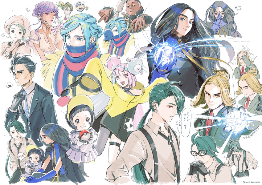 5boys 6+girls black_gloves black_hair blonde_hair blunt_bangs brassius_(pokemon) buttons chibi chibi_inset collared_shirt commentary_request dress earrings food geeta_(pokemon) gloves green_hair green_jacket grey_dress grusha_(pokemon) hassel_(pokemon) hat highres holding holding_poke_ball holding_tera_orb iono_(pokemon) jacket jewelry katy_(pokemon) kofu_(pokemon) larry_(pokemon) long_hair long_sleeves micho multicolored_hair multiple_boys multiple_girls necktie nintendo onigiri pink_hair poke_ball poke_ball_(basic) pokemon pokemon_sv ponytail poppy_(pokemon) purple_hair rika_(pokemon) ryme_(pokemon) scarf shirt sidelocks spoken_object star_(symbol) star_print striped_clothes striped_scarf tera_orb tulip_(pokemon) two-tone_hair yellow_jacket