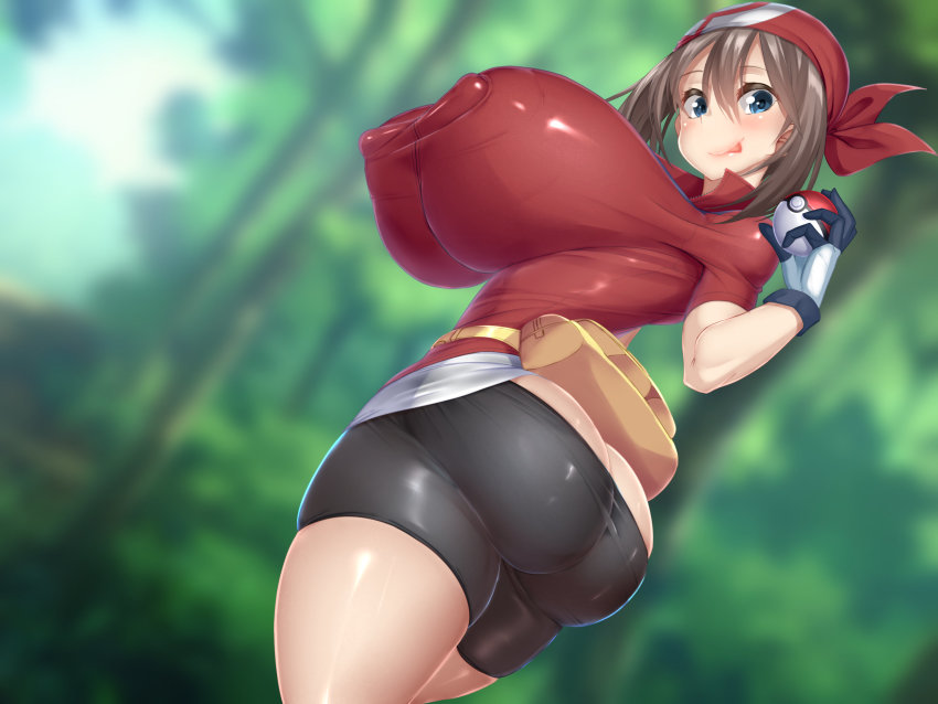 1girl alternate_breast_size ass bandana black_shorts blue_eyes blurry blurry_background breasts brown_hair covered_erect_nipples creatures_(company) curvy fanny_pack game_freak gloves highres holding holding_poke_ball huge_ass huge_breasts kawahagitei looking_at_viewer may_(pokemon) nintendo outdoors pants poke_ball poke_ball_(basic) pokemon pokemon_rse red_bandana red_headwear red_shirt shiny_clothes shiny_skin shirt short_sleeves shorts smile solo spandex thick_thighs thighs tight_clothes tight_pants tight_shirt tongue tongue_out
