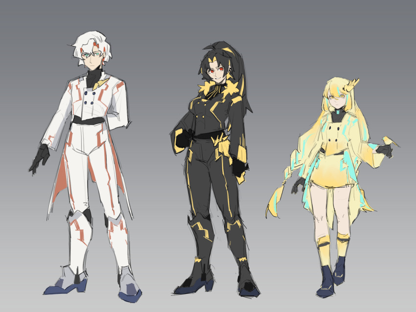 1boy 2girls arm_at_side arm_behind_back bird black_boots black_gloves black_hair black_jacket black_pants black_shirt black_shoes blonde_hair blue_hair boots buttons chinese_commentary closed_mouth coattails colored_inner_hair commentary_request curtained_hair double-breasted ear_piercing earrings expressionless frown full_body fur-trimmed_jacket fur_trim gloves gradient_background green_eyes grey_background grin gundam gundam_narrative gundam_unicorn hair_ornament hand_up highres jacket jewelry long_hair long_sleeves looking_at_viewer multicolored_hair multiple_girls pants parted_bangs personification piercing ponytail red_eyes red_hair rzcxcg shirt shoes short_hair simple_background skirt smile socks standing streaked_hair turtleneck two-tone_hair unicorn_gundam unicorn_gundam_banshee unicorn_gundam_phenex very_long_hair white_boots white_hair white_jacket white_pants wide_sleeves wing_hair_ornament yellow_eyes yellow_jacket yellow_skirt yellow_socks