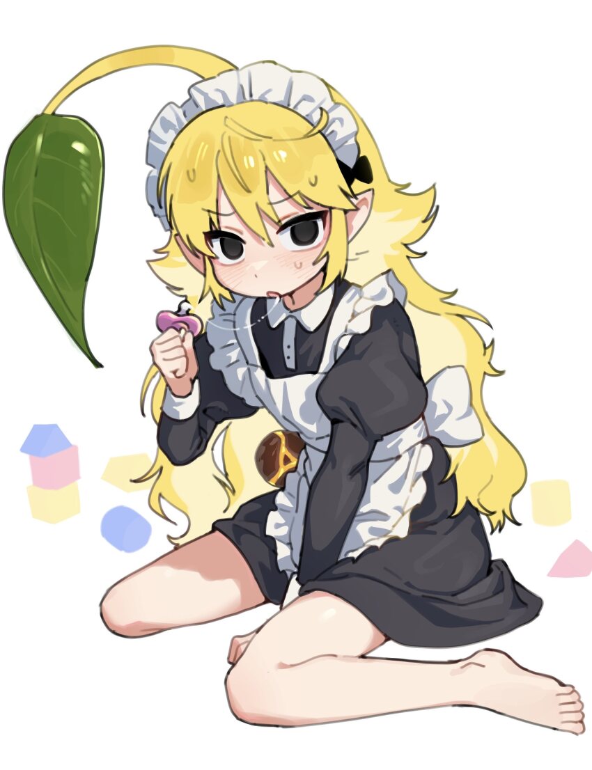 1girl absurdres apron black_eyes blonde_hair bomb_rock highres hufy humanization leaf leaf_on_head long_hair looking_at_viewer maid maid_apron maid_headdress nintendo pacifier pikmin_(creature) pikmin_(series) saliva sitting solo sweat toy toy_block wariza yellow_pikmin