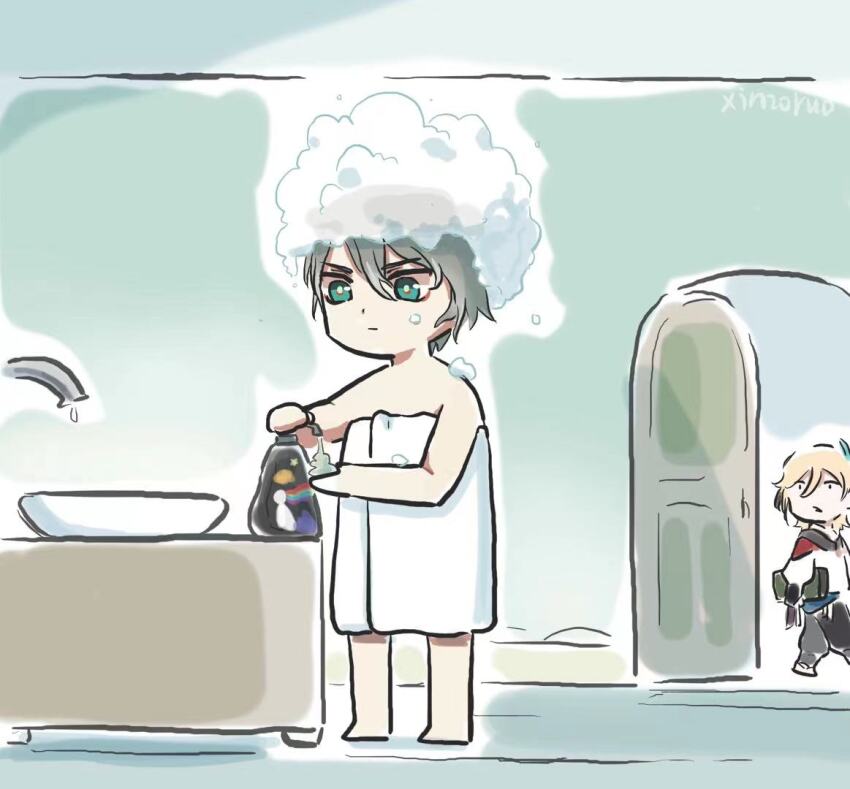 2boys alhaitham_(genshin_impact) basin bathroom blonde_hair chibi closed_mouth expressionless foam genshin_impact green_eyes grey_hair indoors kaveh_(genshin_impact) multiple_boys naked_towel open_mouth shampoo shampoo_bottle soap_bubbles towel walking xinzoruo
