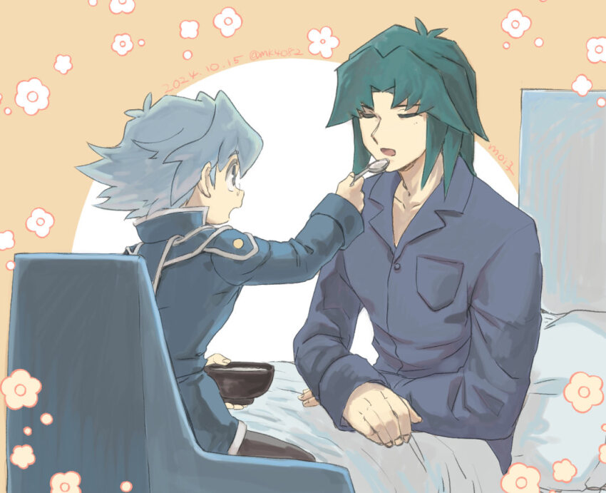 2boys bed blue_hair blue_shirt bowl breast_pocket brothers collarbone collared_shirt dated fingernails food holding holding_bowl long_hair long_sleeves male_focus marufuji_ryo marufuji_sho moiko multiple_boys open_mouth pocket shirt short_hair siblings sitting soup yu-gi-oh! yu-gi-oh!_gx