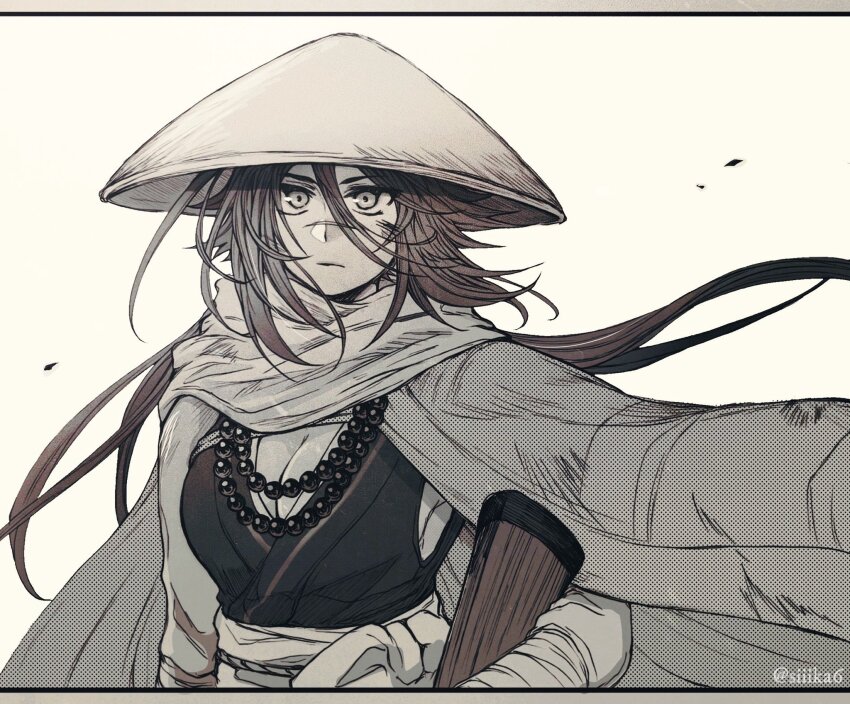 1girl ajirogasa artist_name bandaged_arm bandages bead_necklace beads breasts cape cleavage fate/grand_order fate_(series) gun hat highres japanese_clothes jewelry kimono large_breasts long_hair monochrome necklace rifle scar scar_on_arm scar_on_face scar_on_nose scarf siiika_(siiika6) sugitani_zenjubou_(fate) weapon