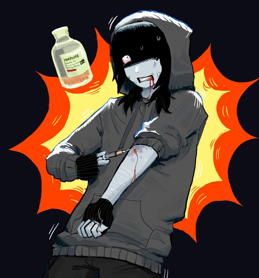 1boy 1rseptum black_hair blood blood_on_arm blood_on_face blood_on_teeth bloodshot_eyes clenched_hand clenched_teeth cry_of_fear drugs explosion explosion_background fingerless_gloves gloves grey_hoodie highres holding holding_syringe hood hood_up hoodie injection male_focus motion_lines overdose partially_shaded_face simon_henriksson sleeve_rolled_up solo sweatdrop syringe teeth upper_body
