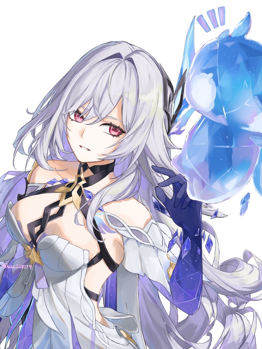 1girl absurdres bare_shoulders breasts cleavage detached_sleeves dress drill_hair genshin_impact hair_ornament highres large_breasts long_hair red_eyes simple_background skirk_(genshin_impact) solo twitter_username uiui228179 white_background white_dress white_hair