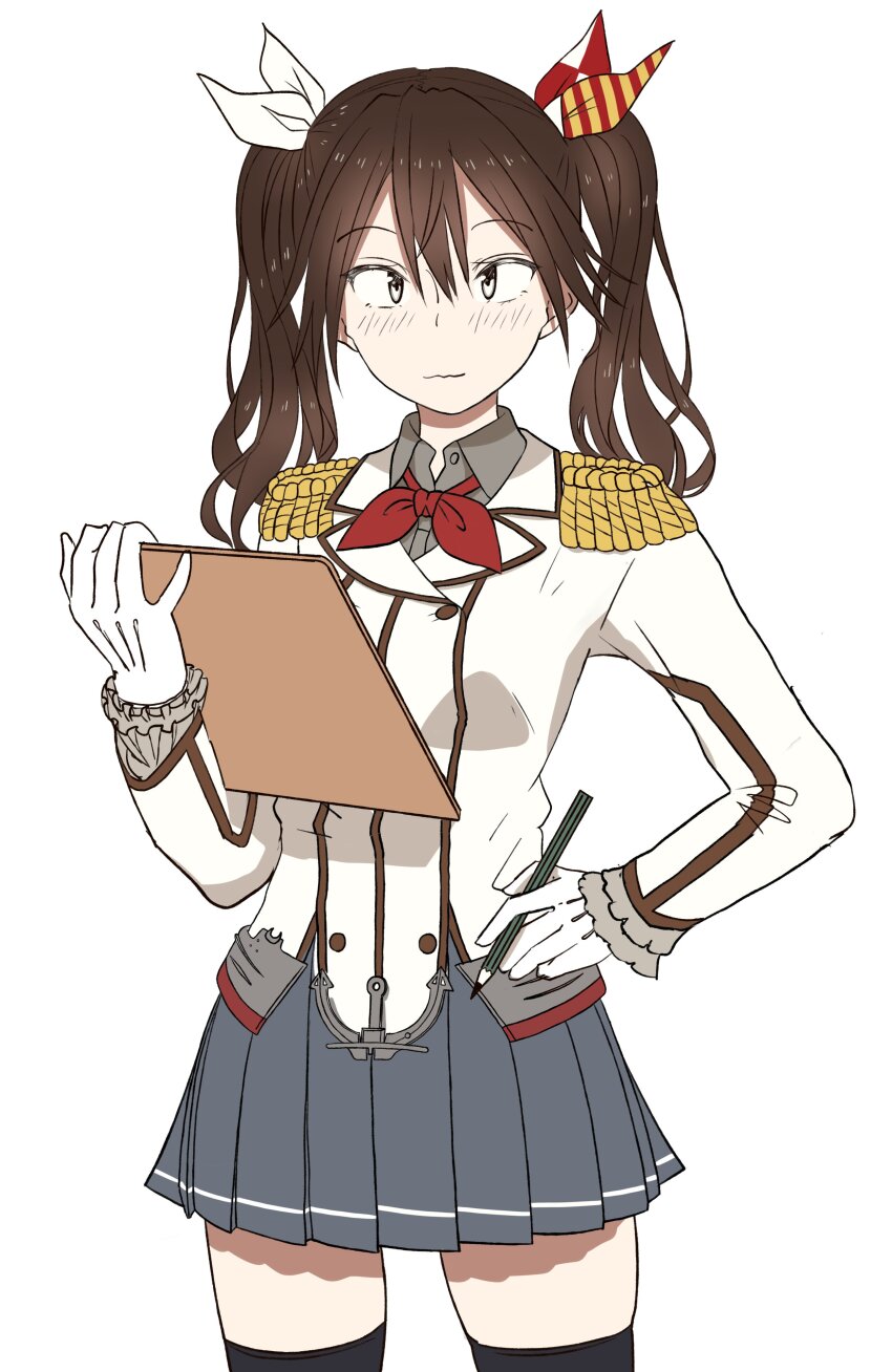 1girl absurdres black_thighhighs brown_eyes brown_hair clipboard cosplay epaulettes frilled_sleeves frills gloves grey_skirt hieda_(hiedanoaqn) highres jacket kantai_collection kashima_(kancolle) kashima_(kancolle)_(cosplay) military_jacket military_uniform neckerchief pencil pleated_skirt red_neckerchief simple_background skirt solo thighhighs tone_(kancolle) twintails wavy_hair white_background white_gloves