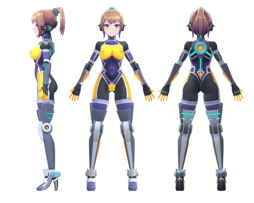 1girl 3d agent_mirai arms_at_sides ass black_bodysuit blue_bodysuit blue_eyes bodysuit boots breasts brown_hair cameltoe closed_mouth covered_erect_nipples covered_navel full_body gluteal_fold headphones high_heel_boots high_heels highres looking_at_viewer medium_breasts mirai_(agent_mirai) multicolored_bodysuit multiple_views open_hands ponytail reference_sheet skin_tight standing umaaji_lady_mk2 white_background yellow_bodysuit