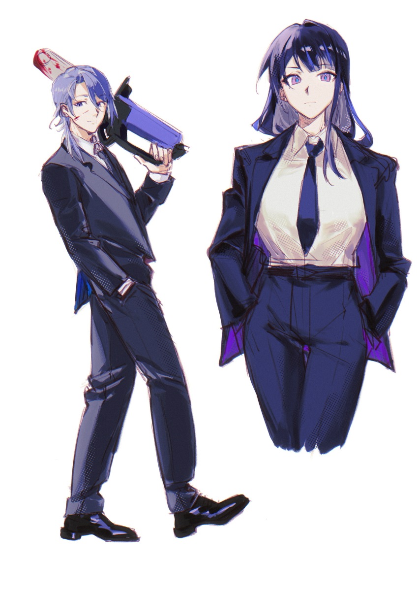1boy 1girl absurdres alternate_costume black_pants black_shoes black_suit blood blood_on_face blood_splatter bloody_weapon blue_hair blue_pupils blunt_bangs business_suit chainsaw chinese_commentary closed_mouth collared_jacket collared_shirt couple formal_clothes from_side genshin_impact hair_between_eyes hand_in_pocket hands_in_pockets highres holding holding_chainsaw holding_weapon jacket kamisato_ayato light_smile long_hair long_sleeves looking_at_viewer looking_to_the_side mole mole_under_eye mole_under_mouth necktie open_clothes open_jacket pants purple_eyes raiden_shogun shade shirt shoes short_hair simple_background standing suit suit_jacket walking weapon white_background white_shirt zai_aoye_wo_shi_gou