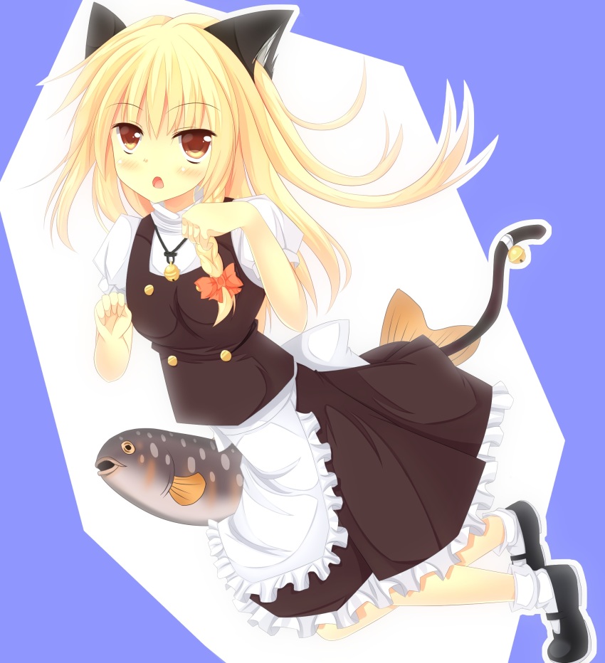 1girl absurdres animal_ears apron bell black_shoes black_skirt black_vest blonde_hair blue_background blush bow braid brown_eyes cat_ears cat_girl cat_tail commentary_request cookie_(touhou) fish frilled_apron frilled_skirt frills full_body hair_bow highres jingle_bell kemonomimi_mode kirisame_marisa long_hair looking_at_viewer mary_janes no_headwear open_mouth paw_pose puffy_short_sleeves puffy_sleeves red_bow shirt shoes short_sleeves side_braid single_braid skirt socks solo szk tail tail_bell tail_ornament touhou turtleneck two-tone_background uzuki_(cookie) vest waist_apron white_apron white_background white_shirt white_socks