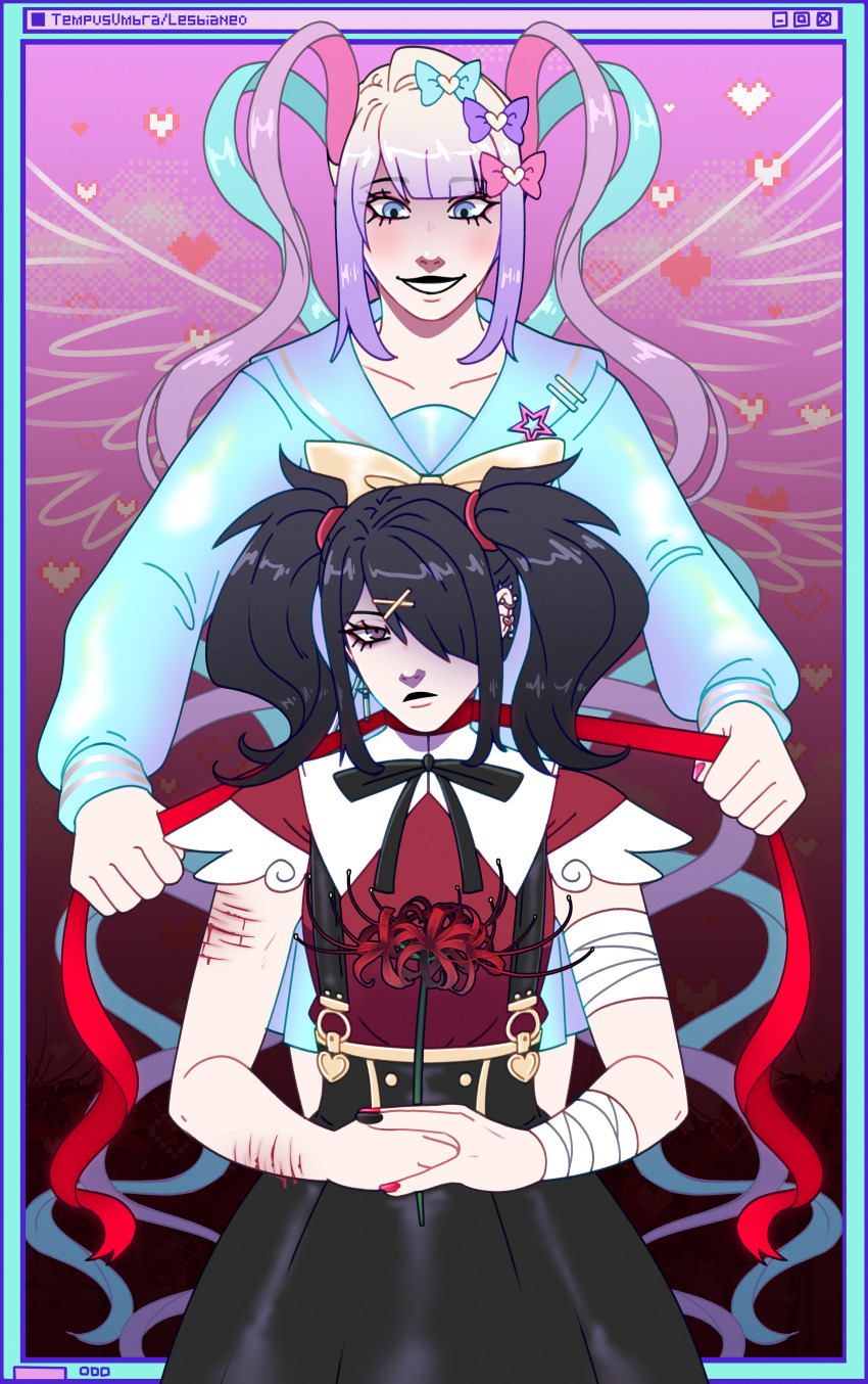 2girls absurdres ame-chan_(needy_girl_overdose) arm_injury bandaged_arm bandages black_eyes black_hair blonde_hair blue_eyes blue_hair blue_serafuku bow chouzetsusaikawa_tenshi-chan collarbone colored_tips drawn_wings dual_persona feathered_wings flower gradient_background hair_bow hair_ornament hair_over_one_eye hands_on_lap head_tilt heart highres holding holding_flower holding_ribbon imminent_attack injury lipstick looking_at_another makeup multicolored_hair multiple_girls multiple_hair_bows neck_ribbon needy_girl_overdose pink_hair quad_tails ribbon school_uniform serafuku short_twintails sidelocks sitting skirt spider_lily suspender_skirt suspenders tempusumbra twintails upper_body window_(computing) winged_sleeves wings wrist_cutting x_hair_ornament