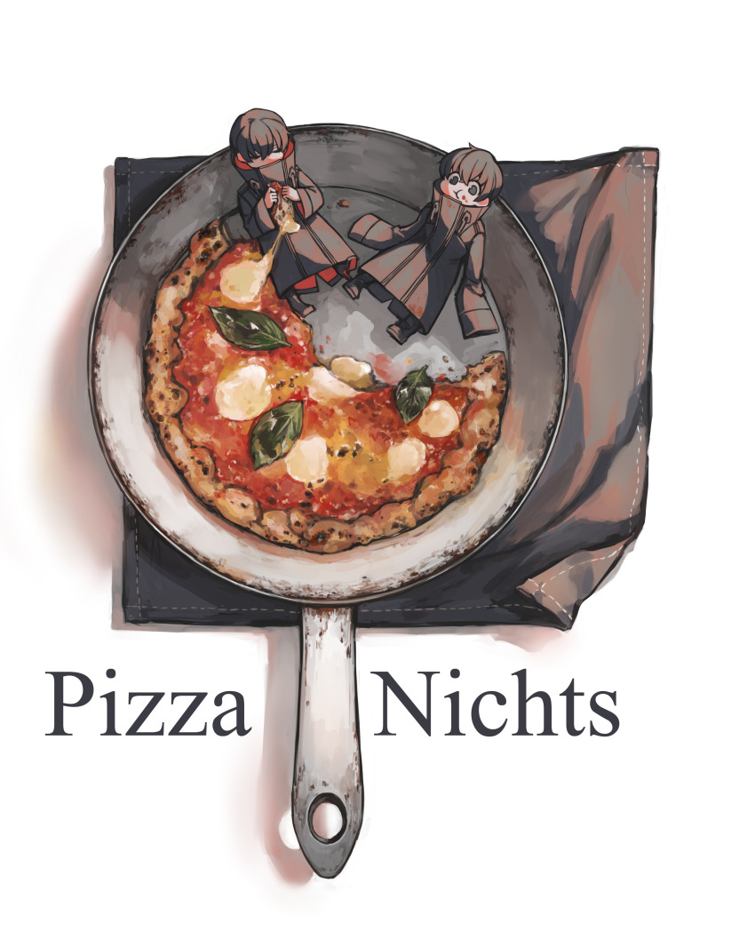 2boys :t absurdres black_coat black_footwear black_hair chewing closed_eyes coat commentary eating fatalbug896 food food_focus food_on_face from_above frying_pan german_text high_collar high_heels highres holding holding_food holding_pizza in_food long_sleeves looking_at_viewer male_focus margherita_pizza mini_person miniboy multiple_boys napkin original pizza shoes short_hair sitting sleeves_past_fingers sleeves_past_wrists stiletto_heels translated turtleneck two-sided_coat two-sided_fabric white_background
