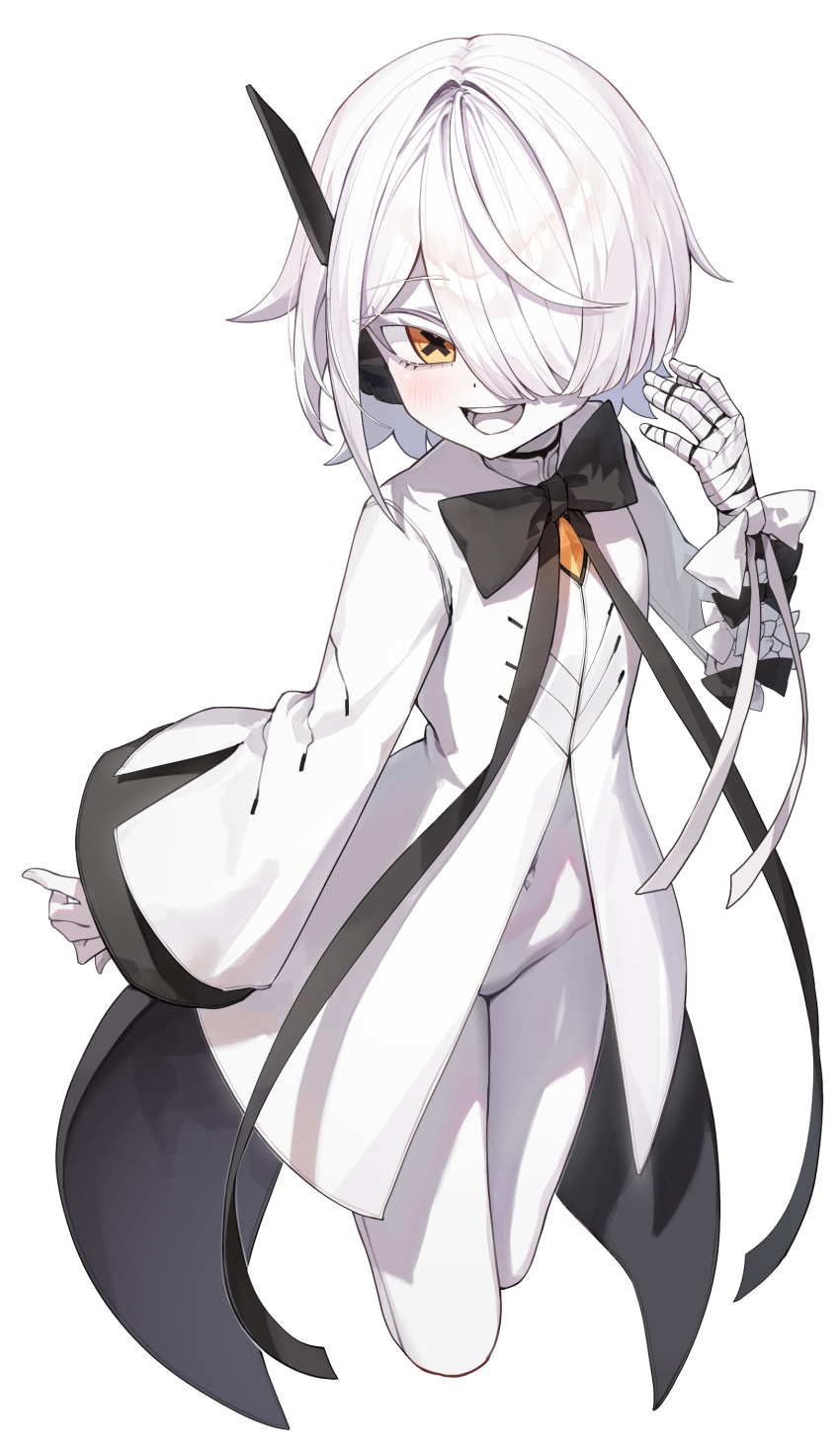 1girl absurdres bandaged_arm bandages blue_archive colored_skin dress hair_over_one_eye highres kokukyukeo long_sleeves looking_at_viewer navel open_mouth short_hair simple_background smile sof_(blue_archive) solo teeth upper_teeth_only white_background white_dress white_hair white_skin yellow_eyes