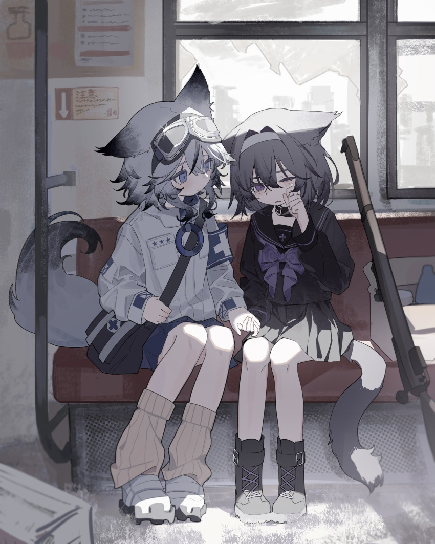 1cyaya1 2girls absurdres animal_ears armband bag bench black_hair black_serafuku black_shirt black_skirt blue_eyes boots broken_window cat_ears cat_girl cat_tail colored_tips crying first_aid_kit fox_ears fox_girl fox_tail goggles goggles_on_head grey_hair gun highres holding_hands jacket long_sleeves looking_at_another loose_socks messenger_bag multicolored_hair multiple_girls on_bench one_eye_closed original purple_eyes rifle school_uniform serafuku shirt shoulder_bag sitting skirt socks tail weapon white_jacket