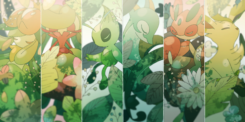 antennae celebi closed_eyes crown floating flower gen_2_pokemon gen_4_pokemon gen_5_pokemon gen_7_pokemon green_hair leafeon legendary_pokemon lilligant lurantis mini_crown mythical_pokemon nintendo no_humans pink_flower plant pokemon pokemon_(creature) serperior standing tsareena white_flower yukifuri_tsuyu