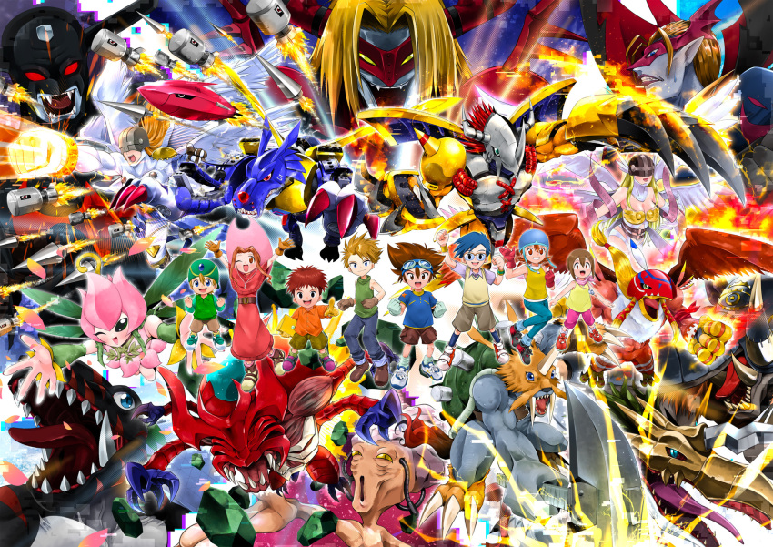 3girls 5boys angel angel_boy angel_girl angemon angewomon atlurkabuterimon atlurkabuterimon_(red) black_eyes brown_eyes brown_hair bug darktyranomon devimon digimon digimon_(creature) digimon_adventure exoskeleton fairy flower garudamon glasses highres horns ishida_yamato izumi_koshiro kido_jo lilimon long_hair mammon_(digimon) metalgarurumon monster_girl multiple_boys multiple_girls official_art petals plant_girl rhinoceros_beetle sharp_teeth short_hair tachikawa_mimi takaishi_takeru takenouchi_sora teeth toei_animation vademon vamdemon venomvamdemon wargreymon waruseadramon yagami_hikari yagami_taichi zudomon