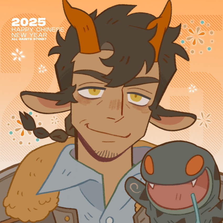 1boy 2025 all_saints_street animal_ears beard_stubble black_hair blue_shirt brown_jacket chinese_commentary chinese_new_year chinese_zodiac closed_mouth collared_shirt commentary_request copyright_name dark-skinned_male dark_skin demon_boy facial_hair fireworks fur-trimmed_jacket fur_trim goat_ears gradient_background hair_between_eyes hand_puppet highres horns jacket looking_at_viewer male_focus medium_hair nick_holt official_art orange_background portrait profile_picture puppet red_horns shirt simple_background smirk snake snake_puppet solo stubble wing_collar year_of_the_snake yellow_eyes