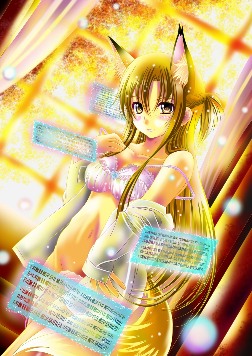 10s 1girl absurdres aka_kitsune alternate_hair_color animal_ears asuna_(sao) backlighting bad_id bad_pixiv_id blonde_hair bra brown_hair curtains dress_shirt dutch_angle floating_screen fox_ears fox_tail highres holographic_interface off_shoulder panties pink_bra pink_panties shirt sword_art_online tail underwear undressing window